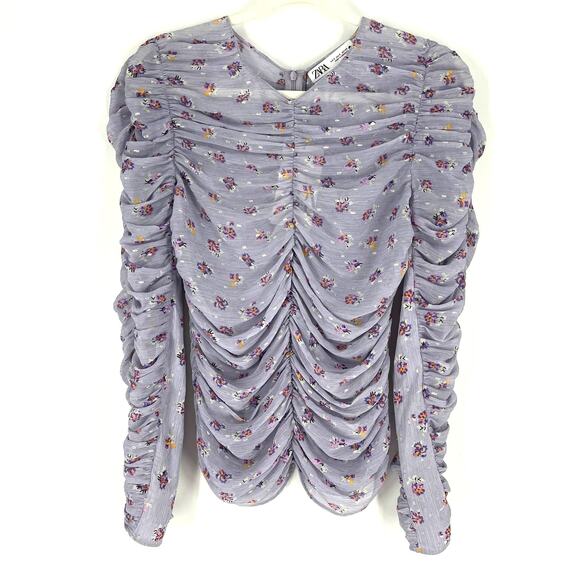 Zara Mauve Printed Ruched Blouse Purple Floral Small NWT - Picture 9 of 9